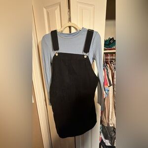 Black Corduroy Overall Dress with Blue Ribbed Top